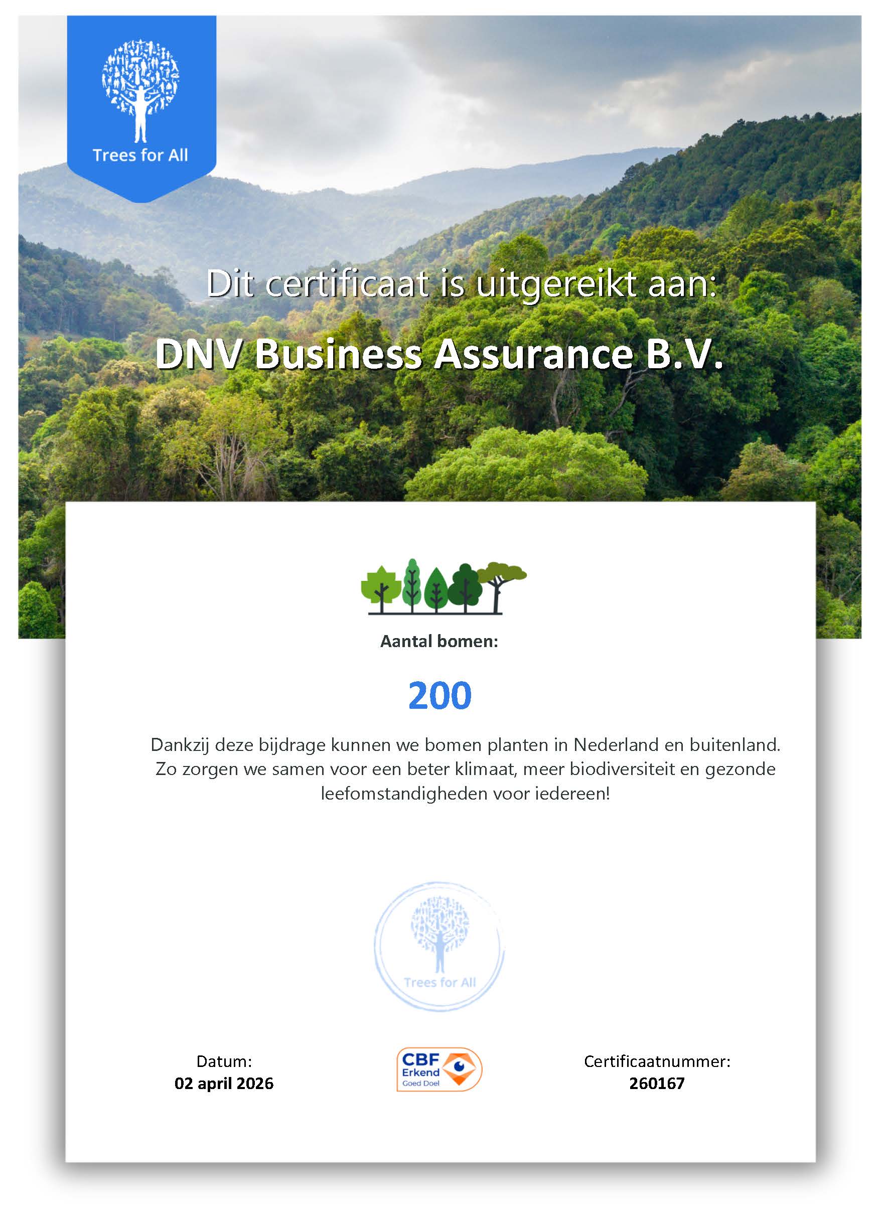 Certificaat DNV Business Assurance voor planten van 200 bomen.