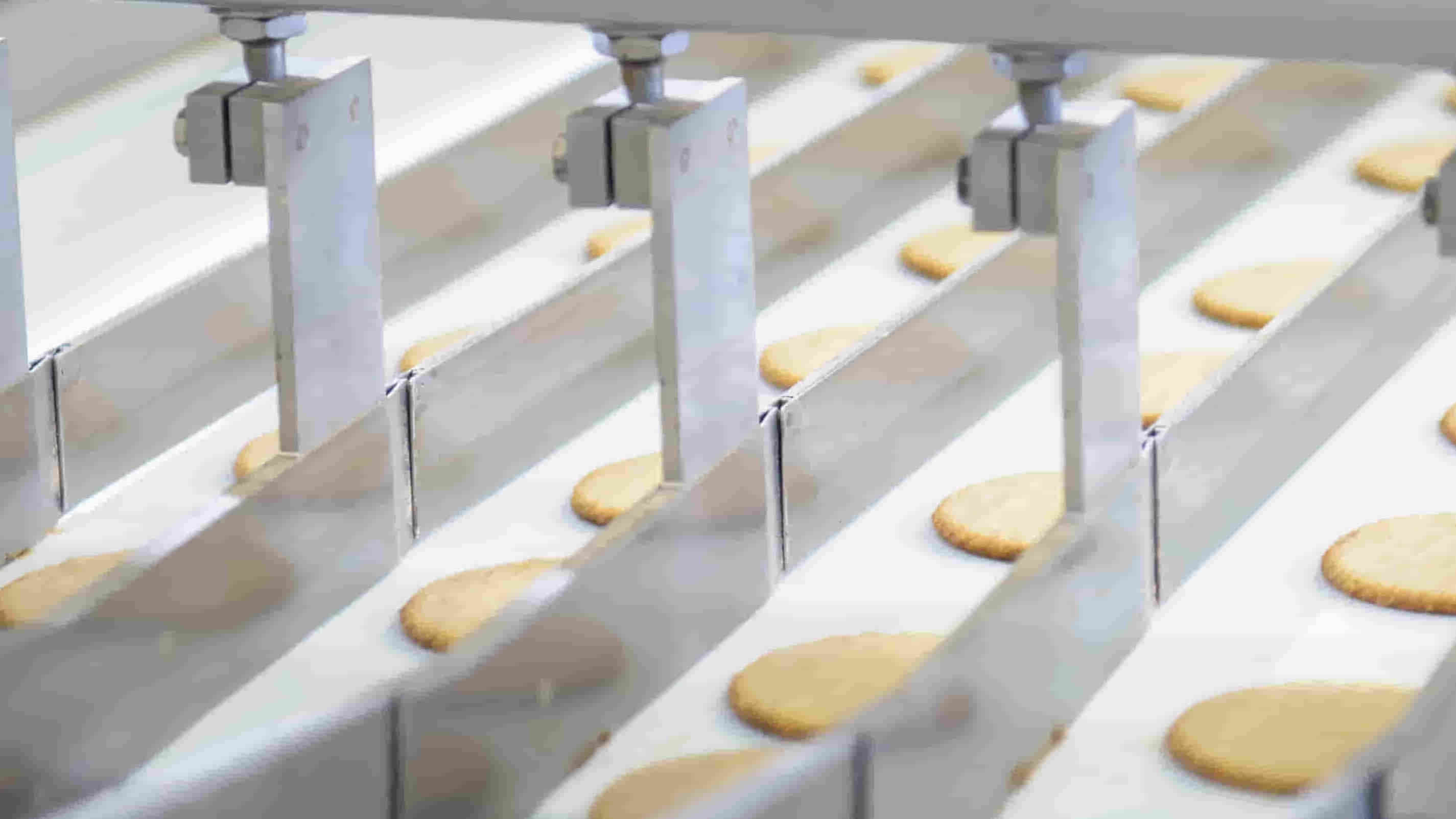 Versgebakken koekjes op de productielijn in een voedingsmiddelenfabriek