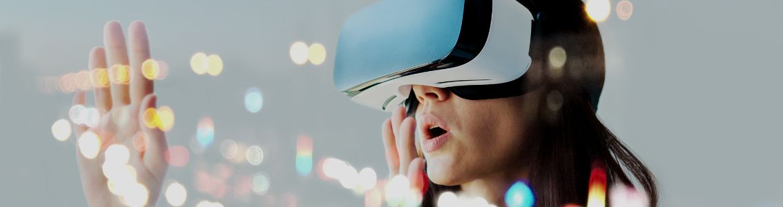 Vrouw met een virtual reality-bril gegenereerd door kunstmatige intelligentie.