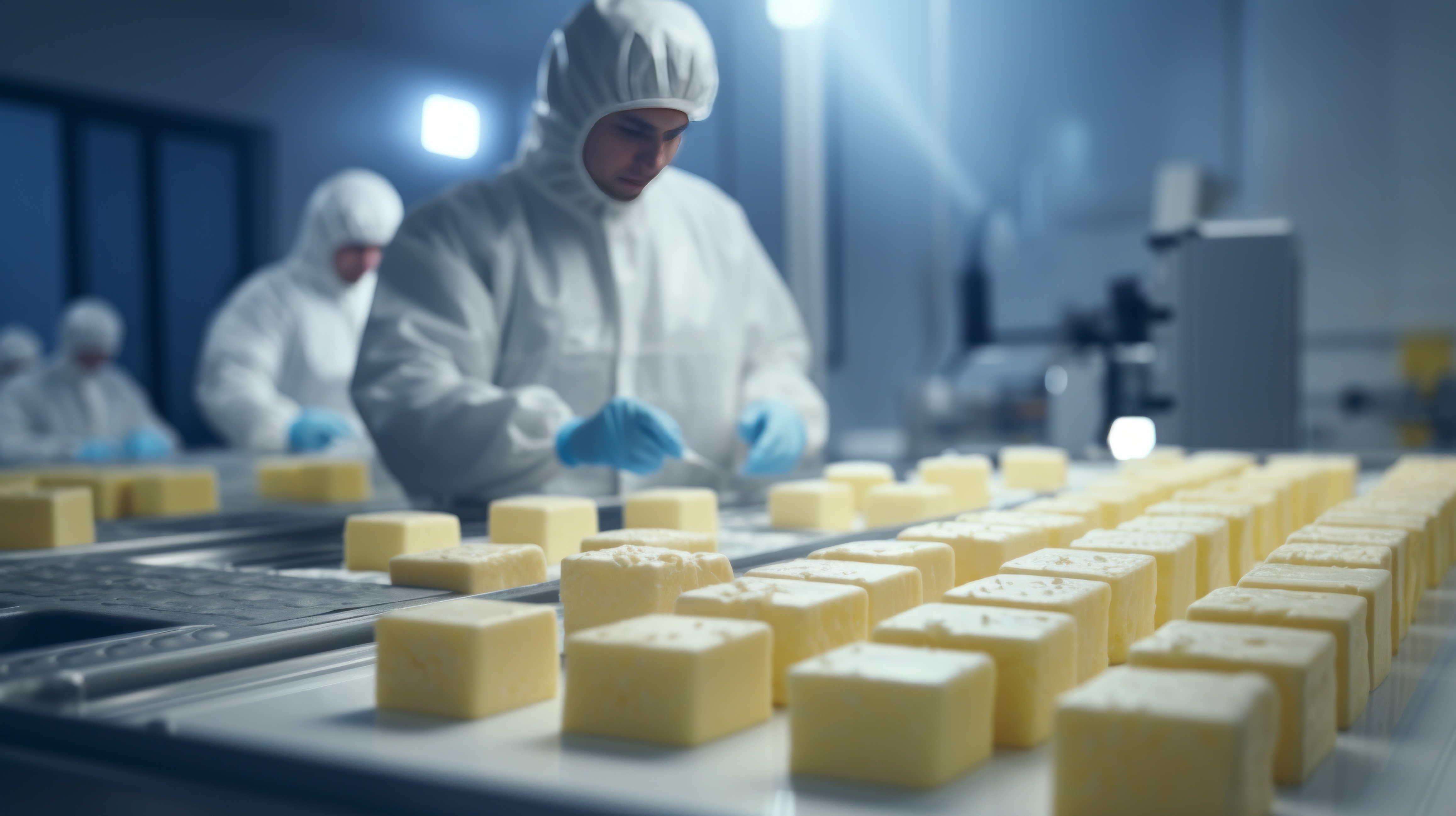 Mannelijke arbeider aan de lopende band in een voedingsmiddelenfabriek